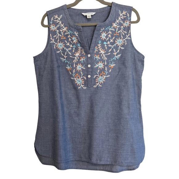croft & barrow Tops - Croft & Barrow Womens Sz L Boho Floral Blue Cotton Embroidered Sleeveless Top
